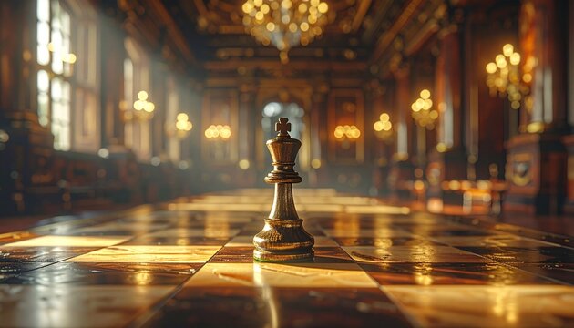 Single chess king piece on a reflective chessboard in a classic grand hall with strategy competition business leadership