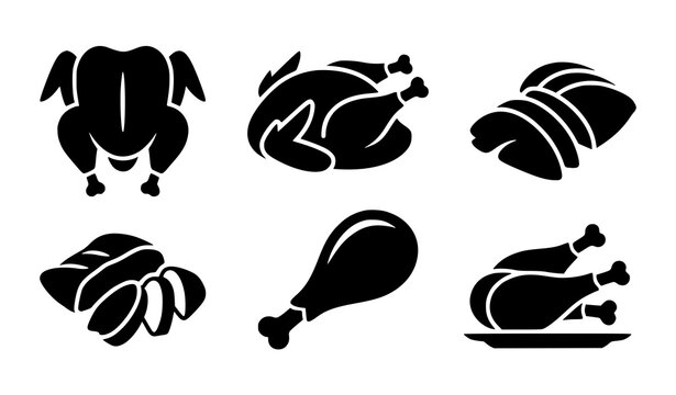 Minimal roasted turkey black silhouette icons with whole carved sliced and leg serving variations for Thanksgiving vector designs