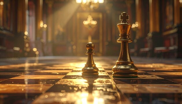King and pawn chess pieces on a wooden board in a dimly lit luxurious room with golden light strategy checkmate luxurious