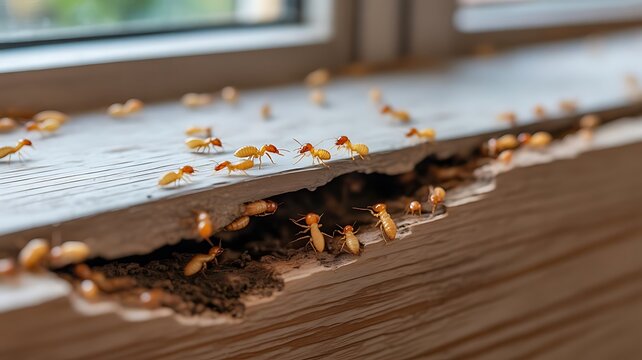 Termites crawling on a wooden window sill showing significant structural damage and wood decay caused by a pest infestation in a residential home