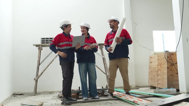 Construction inspectors and engineer discussing project details at an unfinished building site, teamwork, communication, safety compliance, site supervision, safety, construction project management.