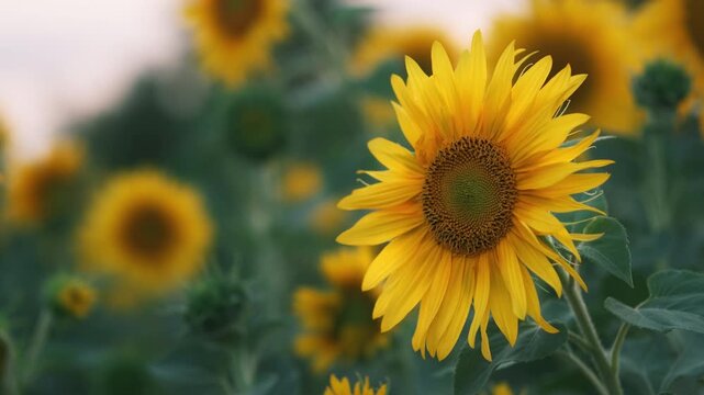 Gorgeous sunflower on a field with its petals moving in a breeze. Beautiful Yellow and teal summer scene. 