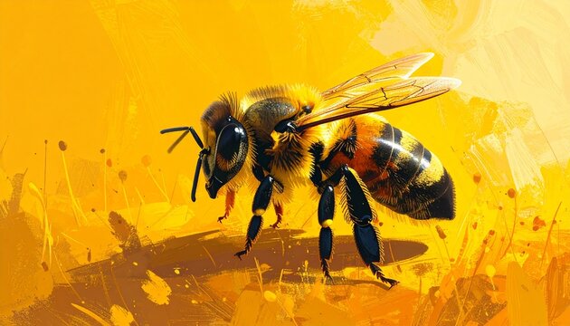Close up of a honey bee on vibrant yellow background.