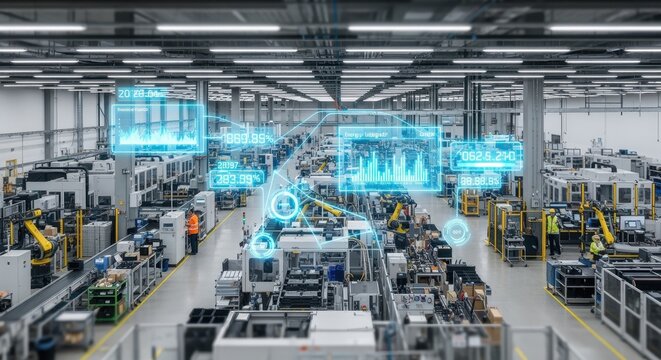 Overhead view of factory floor with augmented reality display projecting energy usage data in real time.