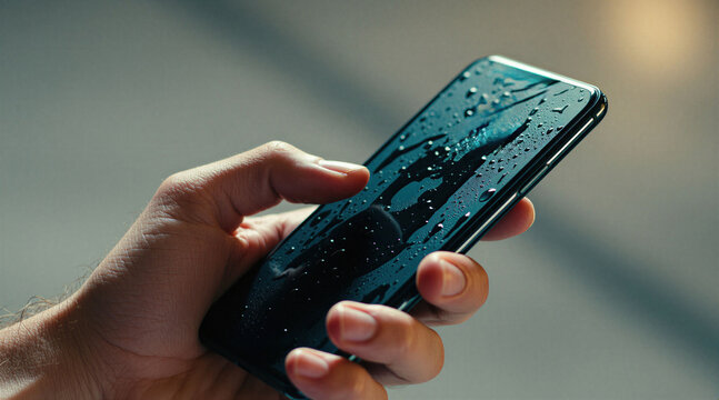 Person holds wet smartphone with water drops on dark screen glass. Hand touches modern mobile device in closeup view. Gadget surface shows moisture after rain splash. Concept of waterproof technology