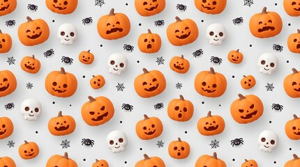 Fototapeta premium Seamless halloween pattern with 3d pumpkins, skulls, spiders and spiderwebs