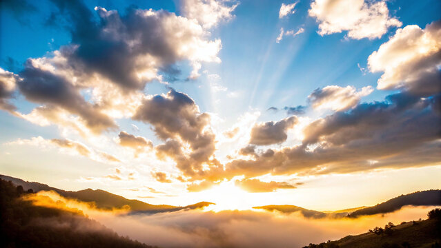 Dramatic sunrise breaking through mountain clouds casting golden rays over misty valley landscape