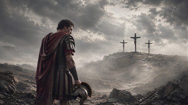 Roman soldier standing on Golgotha hill looking at the crucifixion of Jesus on the cross. Ancient historical scene of biblical event. Concept of faith, sacrifice and redemption.