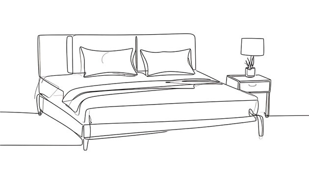 Outline illustration of a double bed with pillows and a blanket, simple line drawing of bedroom furniture