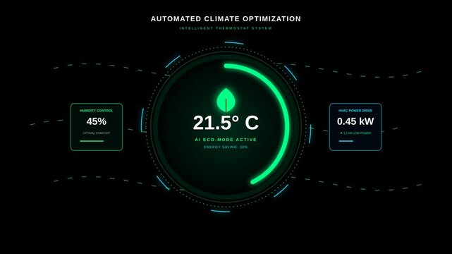 Futuristic Digital Thermostat Interface Showing Intelligent Climate Optimization and Eco Mode Stats