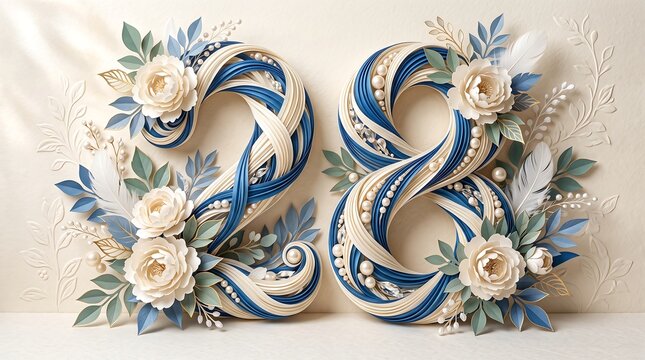 Elegant blue and white floral number 88 anniversary wedding birthday celebration decoration on lace fabric