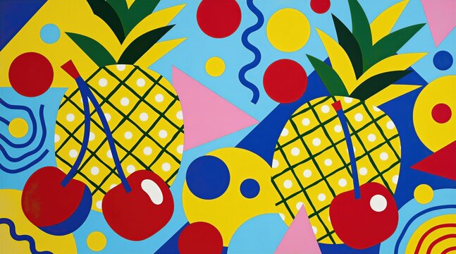 Bright abstract art features pineapples and cherries with geometric shapes. Bold colors and playful patterns create a fun, tropical summer vibe for design use.