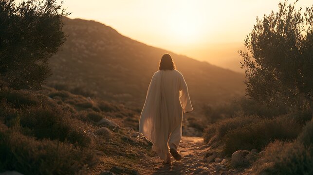 Jesus christ walking on a path in a desert landscape at sunrise or sunset, casting a warm golden glow spiritual journey
