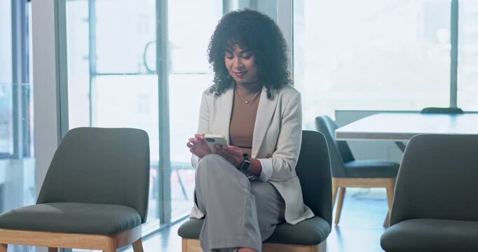 Business, woman and reading in waiting room with phone, research and application for interview. Person, candidate and scroll in office with mobile, online survey and registration form for recruitment