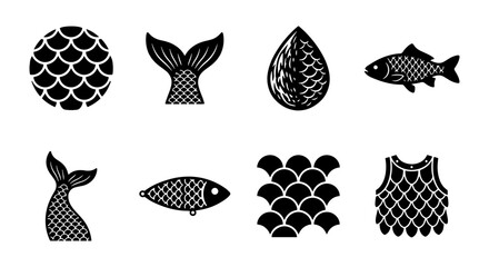 Mermaid Tail Icons, Fish Scales, Water Drop, Nautical Symbols, Vector Set © haji