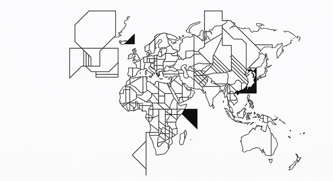 World map rendered in geometric black line art with abstract polygonal shapes on a white background.