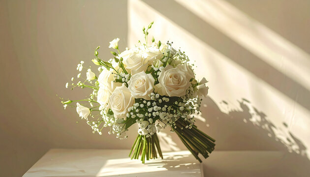白い花々が美しく調和した上品なウエディングブーケ
Elegant white wedding bouquet with roses, lisianthus and eucalyptus