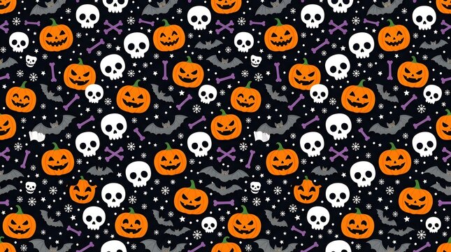 Seamless halloween pattern with cute cartoon skulls, jackolanterns, bats, and bones on a black background