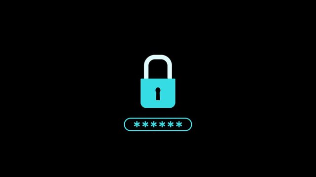 4K motion graphic of Padlock locking with alpha channel transparency. 2D cartoon animation of Password security on black background.