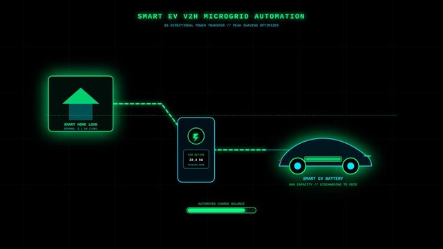 Smart EV V2H Microgrid Automation Digital Interface Showing Bi-Directional Power Transfer System