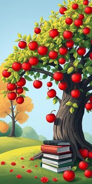 Whimsical illustration of a tree with books and apples, educational, kindergarten