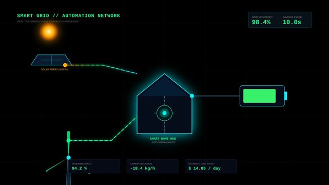 Smart Grid Network Dashboard Showing Sustainable Solar Energy Flow and Home Battery Storage System