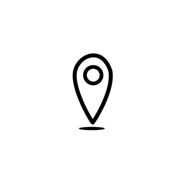 Location Pin Icon: A simple, stylized black and white outline icon of a map pin or location marker, symbolizing navigation, search, and a point of interest.