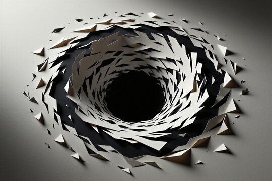 Abstract white paper layers form deep dark vortex hole. Geometric torn edges create tunnel depth effect on flat surface. Modern 3d art structure represents illusion abyss mystery void concept.