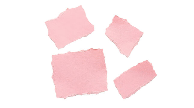 Four small torn pieces of pink paper scraps isolated on transparent background