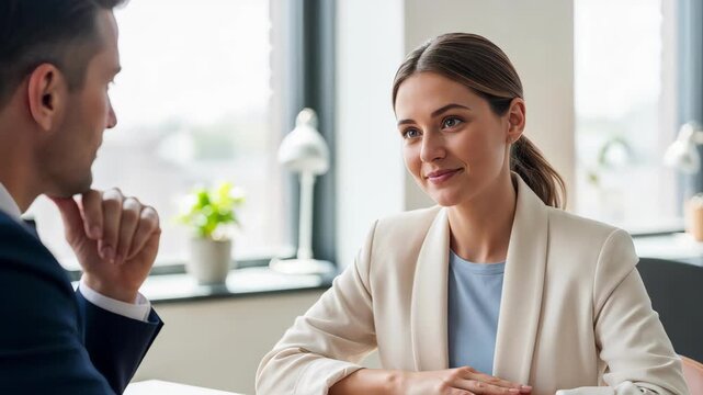 Confident female job candidate answering questions during an interview in a bright office. Young businesswoman talking and gesturing in a corporate meeting. Professional communication concept