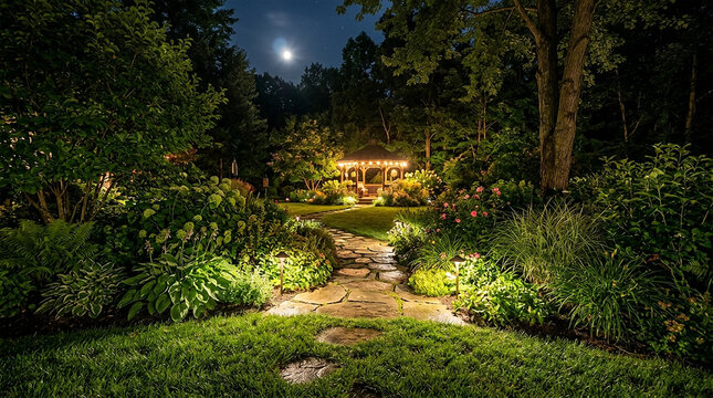 Enchanting garden pathway leading to a glowing gazebo under a moonlit night sky