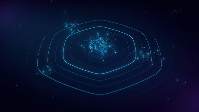 Hexagonal lines project glowing digital data particles in a futuristic radar network.