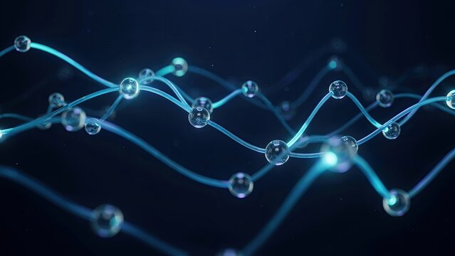 Molecular structures connected by glowing blue waves float against a dark background.