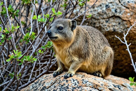 Rock hyrax sits on large stone near dry bush. Small mammal with thick brown fur rests on boulder in wilderness. Creature looking aside outdoors in sunny natural environment. Wild animal portrait