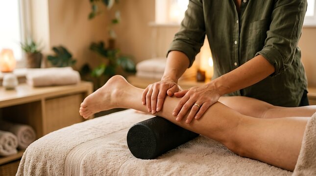 Therapist massaging leg with foam roller for muscle recovery and relaxation
