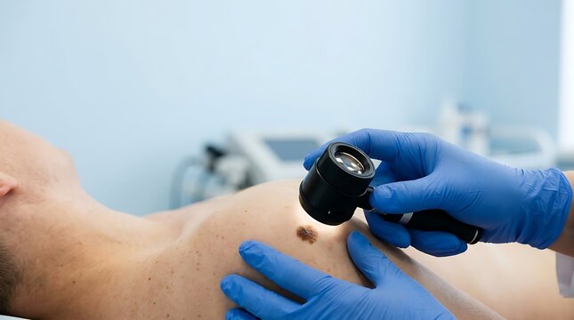 Dermatologist examining a mole on a patient's chest with a dermatoscope