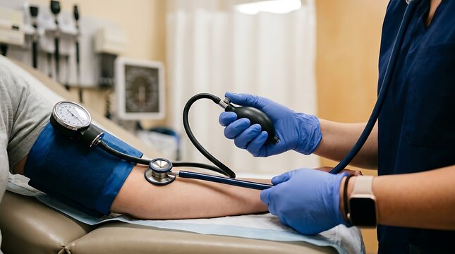 Medical professional takes patient blood pressure using sphygmomanometer and stethoscope in clinic