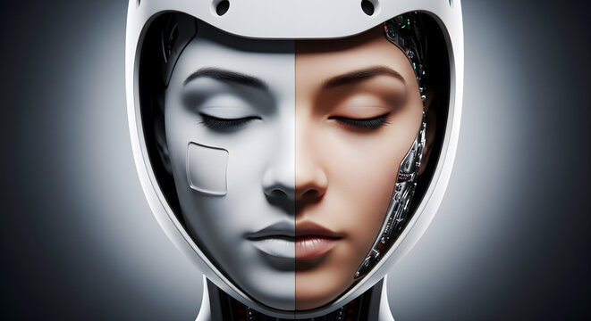 A conceptual portrait showing the transition between a human face and a robotic android construct with metallic elements.