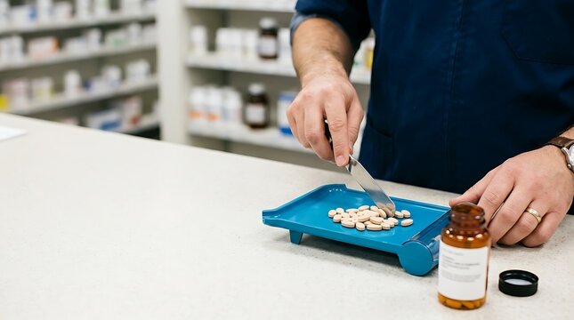 Pharmacist preparing medication on a counting tray with a spatula