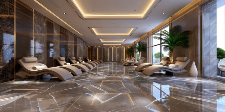 Elegant spa interior with modern loungers and serene atmosphere in a luxury wellness center