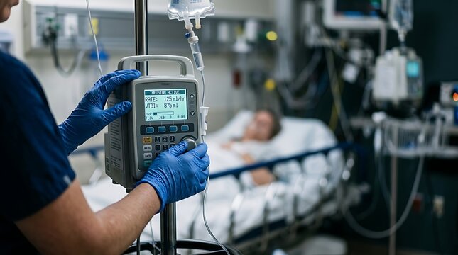 Nurse adjusts infusion pump for patient in hospital bed with medical equipment