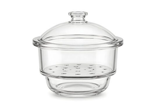 Ultra realistic empty laboratory glass desiccator with lid, made of clear borosilicate glass and isolated on a pure white background. Detailed scientific glassware with realistic reflections.