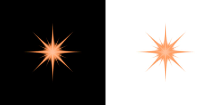 A glowing orange eight pointed star shape isolated on transparent background
