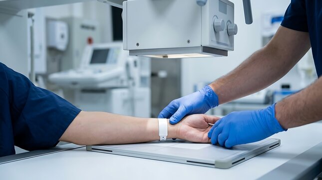 Radiologist positions patient arm for X-ray examination in modern clinic