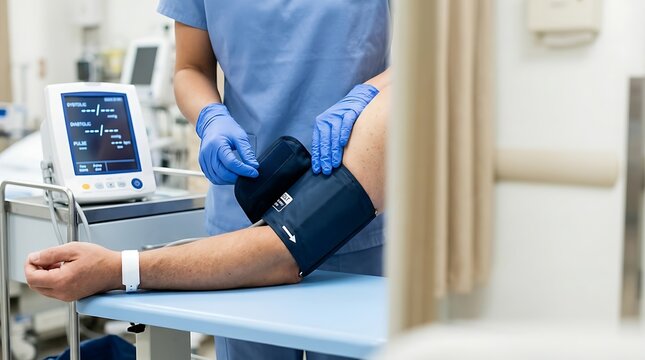 Medical professional measures patient blood pressure with digital monitor in clinic