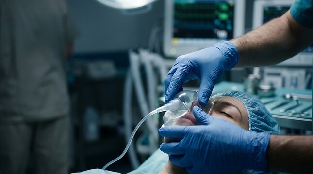 Medical professional applies oxygen mask to patient during surgical procedure
