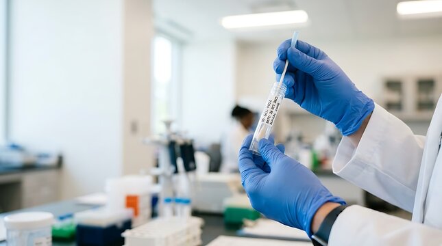 Scientist in blue gloves holds a swab and sample tube in a laboratory setting