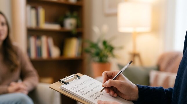 Therapist taking notes during a counseling session with a client in a cozy office setting