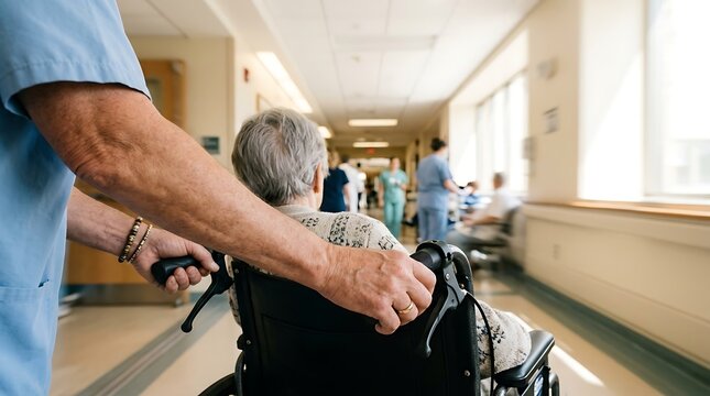 Nurse pushing elderly patient in wheelchair down hospital corridor
