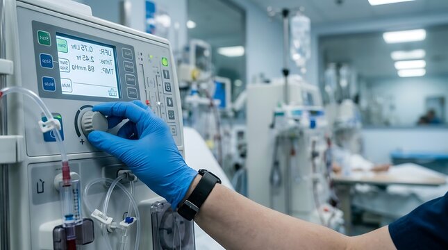 Healthcare professional adjusts dialysis machine in modern hospital setting